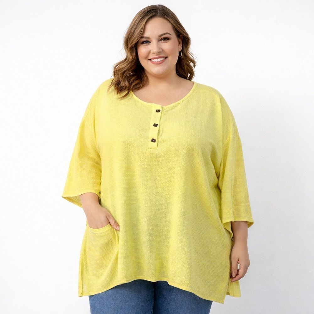 Calessa Shirt Womens 1X Yellow Textured Tunic Top 3/4 Sleeve Henley Plus